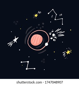 Cute hand drawn vector illustration with different elements as stars,  moon, planets, points, meteorites.