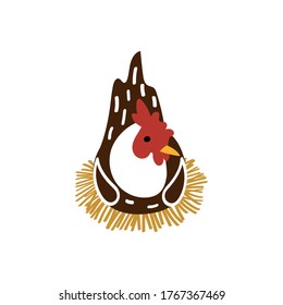 Cute hand drawn vector illustration of mother hen sitting on nest and hatching eggs.  Simple stylized cartoon bird isolated on white background for poultry farm organic food products design