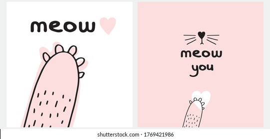 
Cute Hand Drawn Vector Illustration for Cat Lovers. Lovely Wall Art with Handwritten Meow, Cat's Paw on a White and Light Pink Background. Kids Room Decoration.
