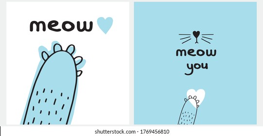 Cute Hand Drawn Vector Illustration for Cat Lovers. Lovely Wall Art with Handwritten Meow, Cat's Paw on a White and Light Blue Background. Kids Room Decoration.