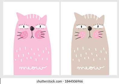 Cute Hand Drawn Vector Illustration with Funny Pink and Brown Cats Isolated on a White Background. Simple Infantile Style Nursery Art for Cat Lovers ideal for Wall Art, Card, Invitation.