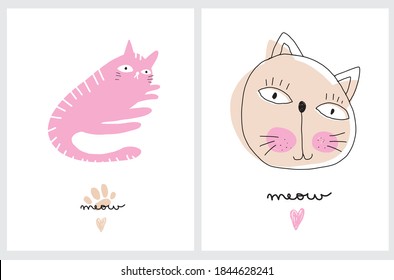 Cute Hand Drawn Vector Illustration with Funny Cream and Pink Cats Isolated on a White Background. Simple Infantile Style Nursery Art for Cat Lovers ideal for Wall Art, Card, Invitation.