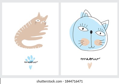 Cute Hand Drawn Vector Illustration with Funny Brown and Blue Cats Isolated on a White Background. Simple Infantile Style Nursery Art for Cat Lovers ideal for Wall Art, Card, Invitation.