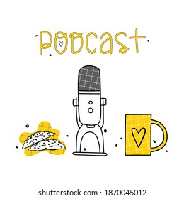 Helle, handgezeichnete Vektorgrafik mit Mikrofon, Tasse mit Herz, Kekse. Briefpodcast. Hören Sie Podcast und entspannen Sie sich, trinken Sie Tee, Kaffee.