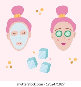 Cute hand drawn vector illustration about beauty care and cosmetics with products for skin care (face mask, cucumber, ice)