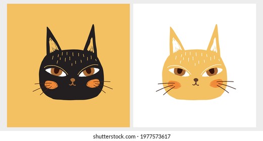 Cute Hand Drawn Vector Illustration with Black and Yellow Cats. Lovely Nursery Art with Funny Kitty. Simple Abstract Print ideal for Card, Wall Art, Poster, Cat Lovers.