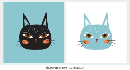 Cute Hand Drawn Vector Illustration with Black and Blue Cats. Lovely Nursery Art with Funny Kitty. Simple Abstract Print ideal for Card, Wall Art, Poster, Cat Lovers.