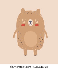 Cute Hand Drawn Vector Illustration with Little Bear. Lovely Nursery Art with Funny Brown Bear on a Dusty Beige Background. Simple Abstract Print ideal for Card, Wall Art,Poster, Woodland Party Decor.