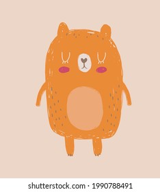 Cute Hand Drawn Vector Illustration with Little Bear. Lovely Nursery Art with Funny Orange Bear on a Blush Pink Background. Simple Abstract Print ideal for Card, Wall Art, Poster, Woodland Party.