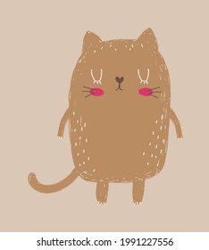 Cute Hand Drawn Vector Illustration with Little Cat. Lovely Nursery Art with Funny Brown Kitty on a Dusty Beige Background. Simple Abstract Print ideal for Card, Wall Art, Poster, Cat Lovers.