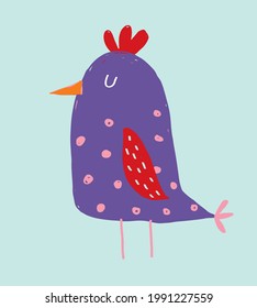 Cute Hand Drawn Vector Illustration with Funny Big Bird. Lovely Nursery Art with Violet Chicken on a Light Blue Background. Simple Abstract Print ideal for Card, Wall Art, Poster, Easter.