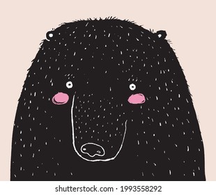 Cute Hand Drawn Vector Illustration with Big Bear. Lovely Nursery Art with Funny Black Bear on a Light Beige Background. Simple Abstract Print ideal for Card, Wall Art, Poster, Woodland Party.