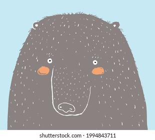 Ilustración de vectores dibujados a mano con gran oso. Agradable arte de guardería con un divertido oso marrón sobre un fondo azul pastel. Impresión abstracta simple ideal para tarjeta, arte mural, afiche, fiesta de Woodland.