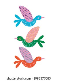 Cute Hand Drawn Vector Illustration with Funny Colorful Birds on a White Background. Lovely Nursery Art with Flying Birds. Simple Abstract Print ideal for Card, Wall Art, Poster, Invitation.