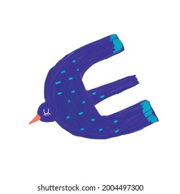 Cute Hand Drawn Vector Illustration with Funny Big Dark Blue Bird Isolated on a White Background. Lovely Print with Flying Seagull. Simple Abstract Print ideal for Card, Wall Art, Poster. 