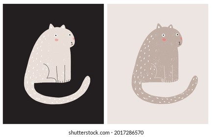 Cute Hand Drawn Vector Illustration with Beige and Brown Cat on a Light Brown and Black Background. Nursery Art with Funny Kitty ideal for Card, Invitation, Poster, Wall Art.