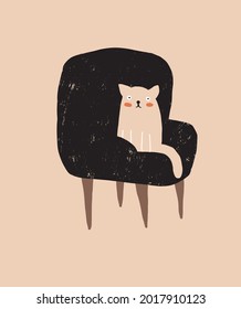 Cute Hand Drawn Vector Illustration with Beige Cat Sitting on a Black Easy Chair. Nursery Art with Funny Kitty ideal for Card, Invitation, Poster, Wall Art. Grunge Infantile Style Art for Cat Lovers.