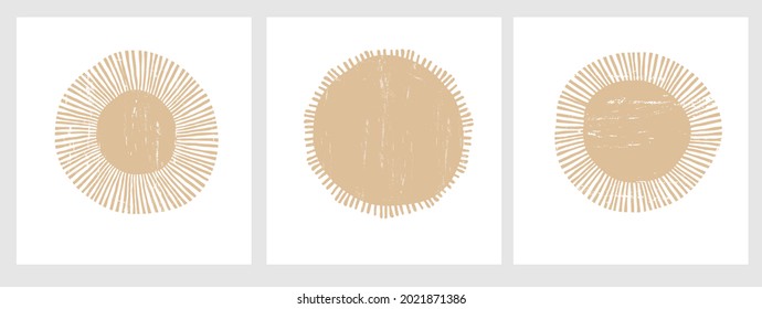 Cute Hand Drawn Vector Illustration with 3 Light Brown Suns ideal for Card, Poster, Wall Art. Lovely Nursery Art with Irregular Shape Suns Isolated on a White Background. Kids Room Decoration.