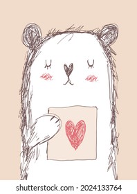 Cute Hand gezeichnete Vektorgrafik mit Valentinenkarte des Teddybären. Schöne Nurserie Kunst mit lustigem Polar Bär einzeln auf hellbraunem Hintergrund. Holz- und Valentiner-Partydekoration.