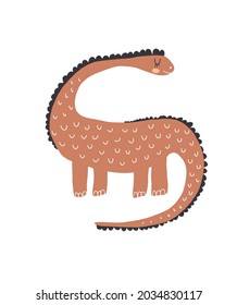 Cute Hand Drawn Vector Illustration with Funny Dinosaur. Lovely Nursery Print with Big Brown Dino Isolated on a White Background. Infantile Style Dino Party Print ideal for Wall Art, Card, Invitation.