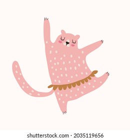 Cute Hand Drawn Vector Illustration with Dancing Tiger. Lovely Print with Pink Wild Cat on an Off-White Background. Infantile Style Nursery Art with Baby Tiger Dancer ideal for Wall Art, Card, Poster.