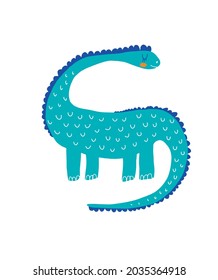 Cute Hand Drawn Vector Illustration with Funny Dinosaur. Lovely Nursery Print with Big Blue Dino Isolated on a White Background. Infantile Style Dino Party Print ideal for Wall Art, Card, Invitation.