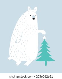 Cute Hand Drawn Vector Illustration with Polar Bear, Little Star and Christmas Tree on a Pastel Blue Background. Infantile Style Winter Holidays Art with White Bear ideal for Wall Art, Card, Poster.