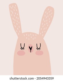 Cute Hand Drawn Vector Illustration with Funny Blush Pink Bunny Isolated on a Light Beige Background. Infantile Style Easter Bunny ideal for Card, Greeting, Poster, Wall Art.