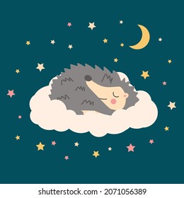 Cute hand drawn vector illustration hedgehog cartoon sleeping on the cloud with stars and moon on blue background. Child poster