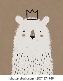 Cute Hand Drawn Vector Illustration with White Polar Bear in a Black Crown. Lovely Nursery Art with Funny Big King Bear on a Grunge Brown Background ideal for Card, Poster, Kids Room Decoration.