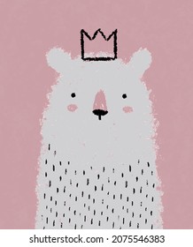 Cute Hand Drawn Vector Illustration with White Polar Bear in a Black Crown. Lovely Nursery Art with Funny Big King Bear on a Grunge Pink Background ideal for Card, Poster, Kids Room Decoration.