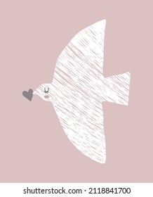 Cute Hand Drawn Vector Illustration with Dove Holding 
a Little Gray Heart. Sweet Nursery Art for Card, Invitation, Wall Art. Simple Print with White Flying Bird on a Light Pink Background. 