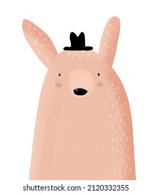 Cute Hand Drawn Vector Illustration wiyh Elegant Rabbit in the Hat. Lovely Nursery Art with Funny Bunny Isolated on a White Background ideal for Easter Card, Kids Room Decoration.