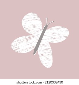 Cute Hand Drawn Vector Illustration with Sketched Abstract Butterfly. Sweet Nursery Art for Card, Invitation, Wall Art. Simple Print with White Flying Butterfly on a Light Pink Background. 