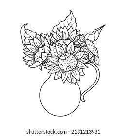 Cute hand drawn vector illustration of sunflower bouquet in a jug. Line objects isolated on white background. For your design greeting card, holiday poster, season invite, flyer, sticker, label.