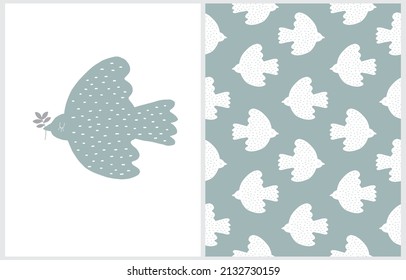 Cute Hand Drawn Vector Illustration and Seamless Pattern with Dove Holding a Twig. Sweet Nursery Art for Card, Invitation, Wall Art. Simple Print with Flying Bird on a Blue and White Background.