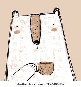 Cute Hand Drawn Vector Illustration with Big White Bear Drinking Coffee form Little Dotted Brown Cup. Crayon Style Drawing with Polar Bear with Morning Coffee Mug on a Beige Background.Woodland Print.