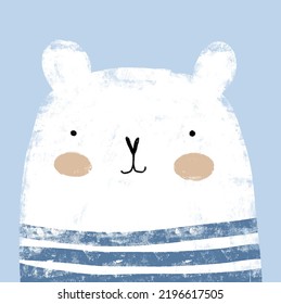 Cute Hand Drawn Vector Illustration with White BabyBear Wearing Blue-White Striped T-shirt. Crayon Style Drawing with Polar Bear on a Pastel Blue Background. Woodland Print ideal for Wall Art, Poster.