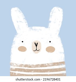 Cute Hand Drawn Vector Illustration with White Baby Bunny Wearing Beige-White Striped T-shirt.Crayon Style Drawing with Rabbit on a Light Blue Background ideal for Easter, Card, Wall Art, Poster.