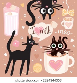 Cute hand drawn vector illustration with cute black cats, heartshmallows, cup of milk