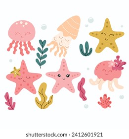Cute hand drawn vector illustration with starfish, seaweed and jellyfish