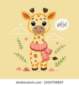 Cute hand drawn vector illustration of a cute giraffe with lettering Hello.