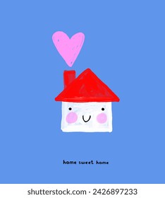 Cute Hand Drawn Vector Illustration with White House with Red Roof and Pink Heart on a Blue Background. Home Sweet Home. Childish Drawing-like Nursery Art Perfect for Card, Greetings, Wall Art. RGB.