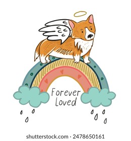 Cute hand drawn vector illustration of a corgi on a rainbow.