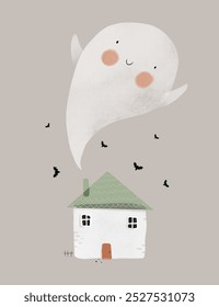 Cute Hand Drawn Vector Illustration with Cozy Little House,  Bats and Big Ghost Flying from The Chimney. Lovely Nursery Art with White Small House, Chimney and Smoke of Ghost Shape. Halloween Card.RGB