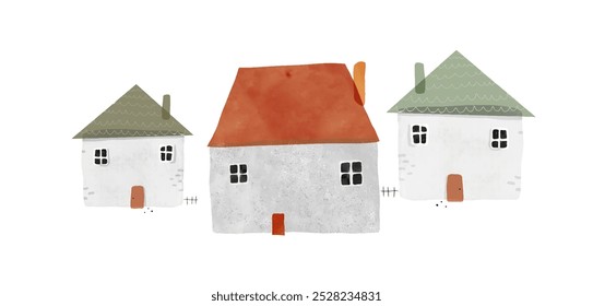 Ilustração de vetor desenhada à mão bonito com casinhas acolhedoras com telhado vermelho e verde. Adorável Estilo Infantil Infantile Arte de berçário com Vila Pequena. Casa, Doce Casa. RGB