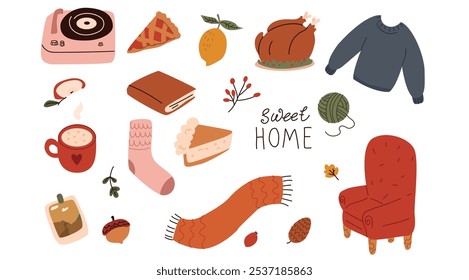 Cute hand drawn vector illustration of a set of cozy home items.