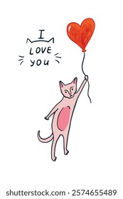 Cute hand drawn vector illustration of a cat holding a heart-shaped balloon and saying I love you.