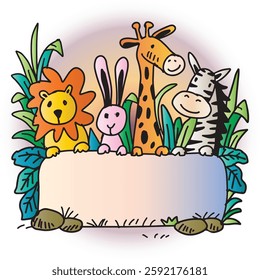  Cute hand drawn vector illustration of cute cartoon animals and place for text