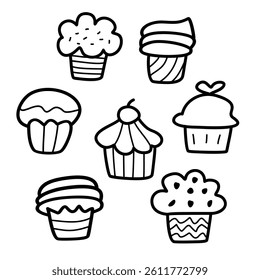 Cute hand drawn vector illustration set of cupcakes